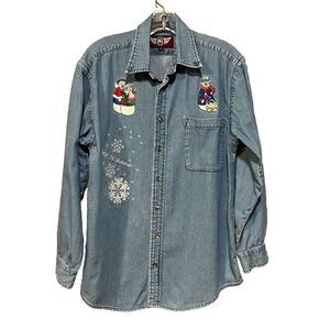 Denim Gear Women’s Long Sleeve Denim Button Up Shirt Embroidered Snowman Size S